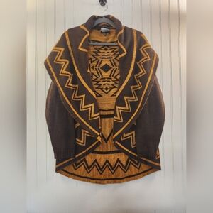 Allison Brittney Women Brown Aztec Geometric Open Long Cardigan Sweater Size XL